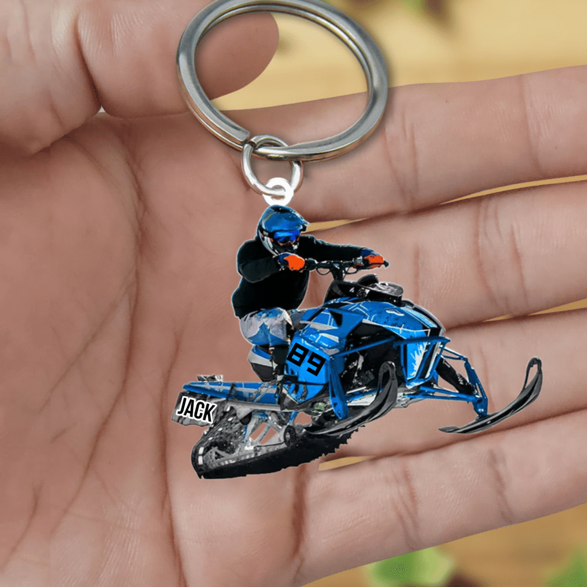 Personalized Snowmobile Rider Keychain/ Jumping Through Snow Acrylic Keychain for Snowmobile Lovers