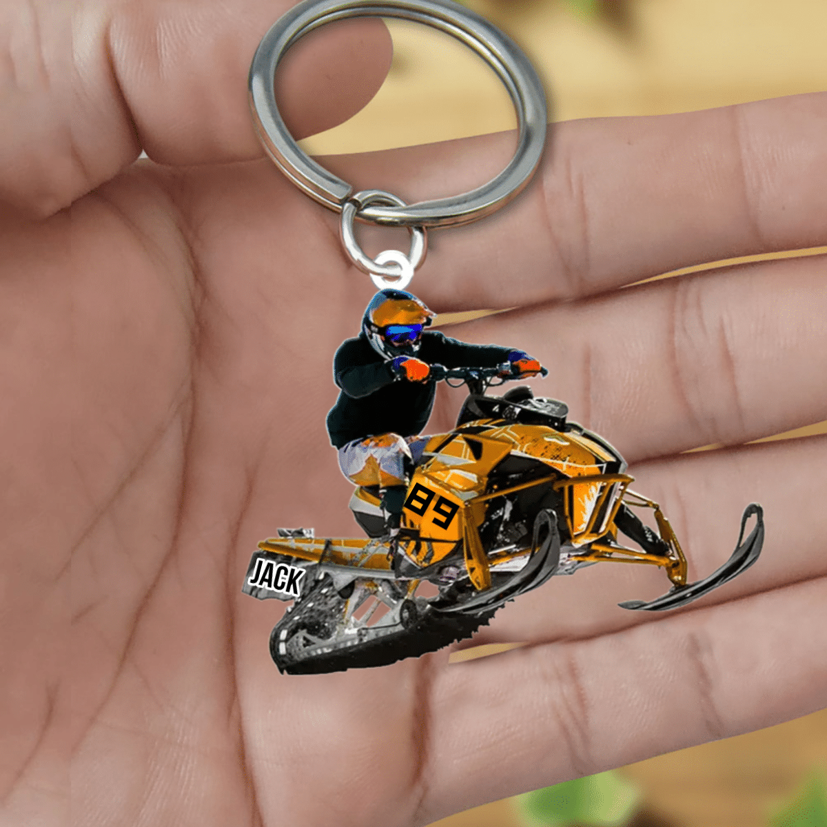 Personalized Snowmobile Rider Keychain/ Jumping Through Snow Acrylic Keychain for Snowmobile Lovers