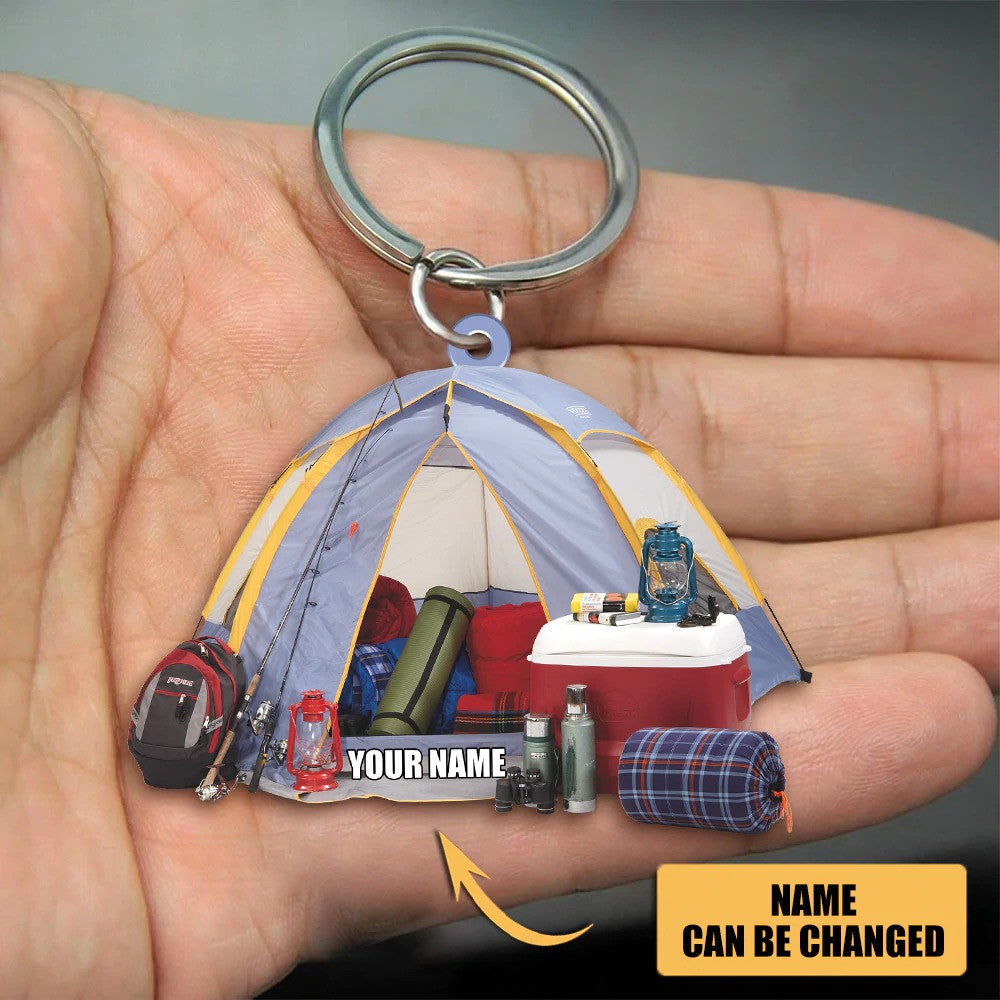 Personalized Camping Tent Keychain/ Custom Name Flat Acrylic Keychain for Camper