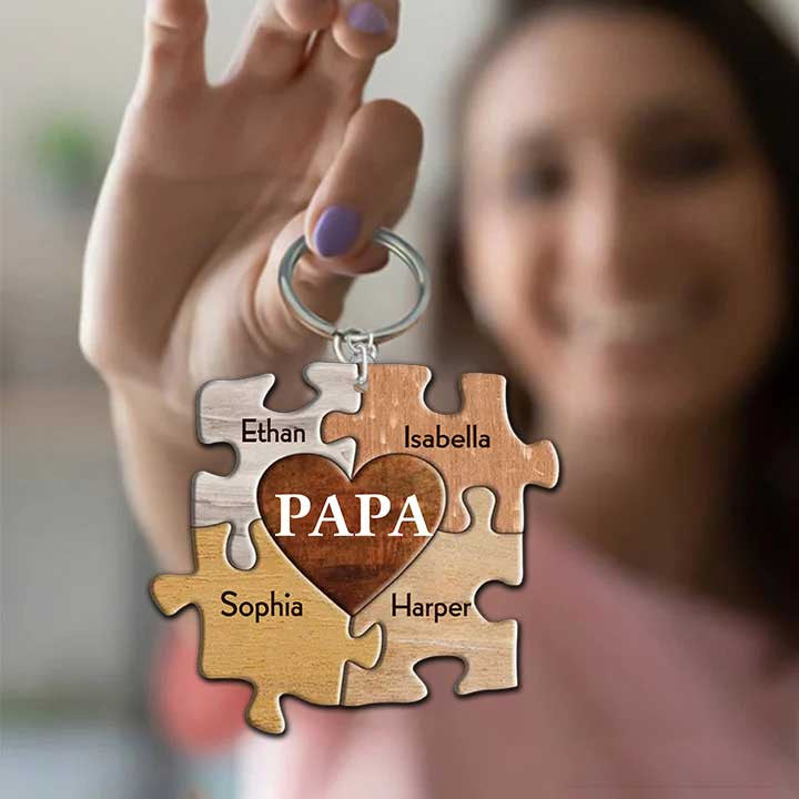 Customized Puzzle Papa Keychain with Grandkids Flat Acrylic Keychain for Grandpa