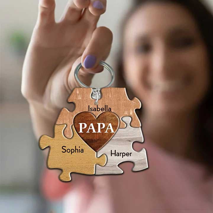 Customized Puzzle Papa Keychain with Grandkids Flat Acrylic Keychain for Grandpa