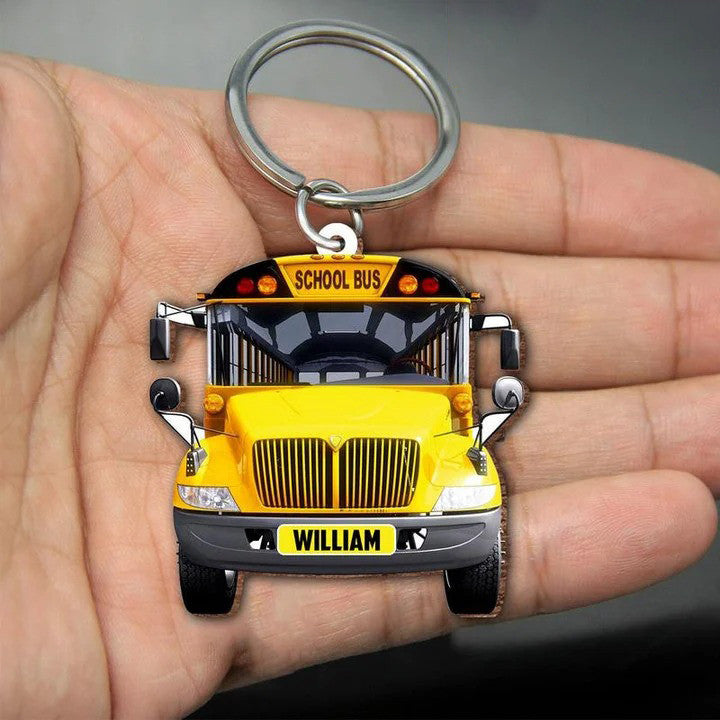 Personalized School Bus Keychain/ Custom Name Flat Acrylic Keychain for Bus Driver