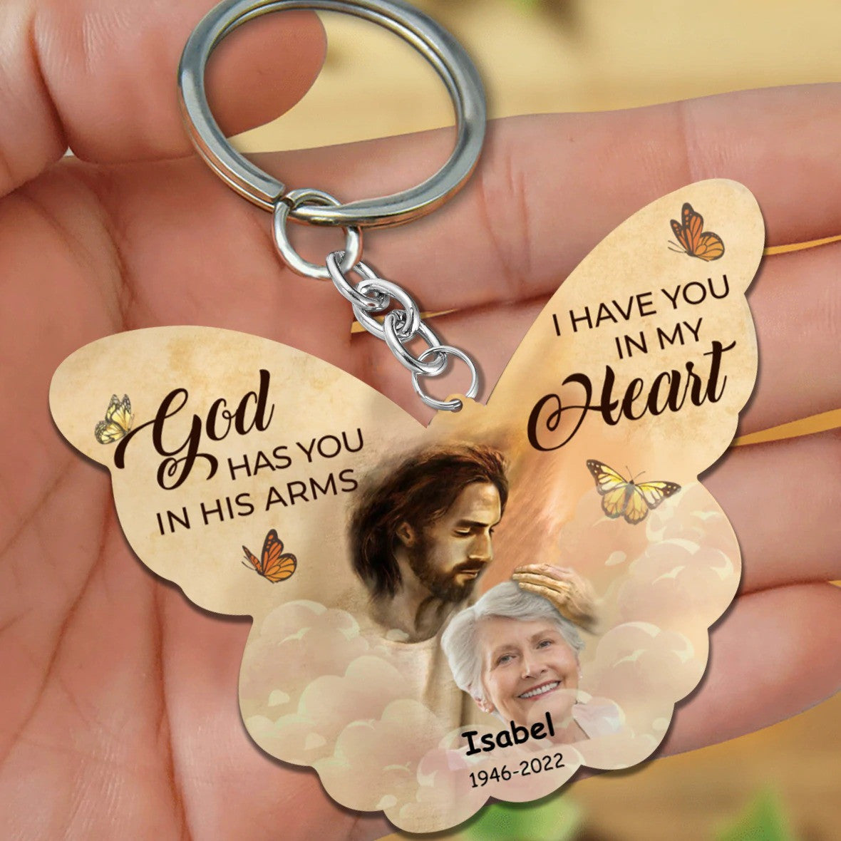 I Have You In My Heart Personalized Butterfly Keychain/ God has you in his arm Keychain