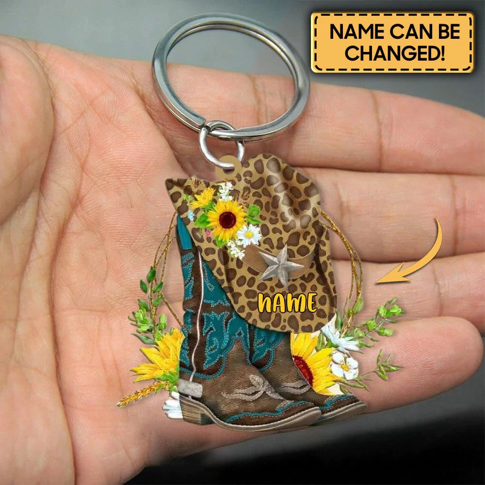 Personalized Cowboy & Cowgirl Boots And Hat Shaped Acrylic Keychain Sunflower Leopard Art Keychain