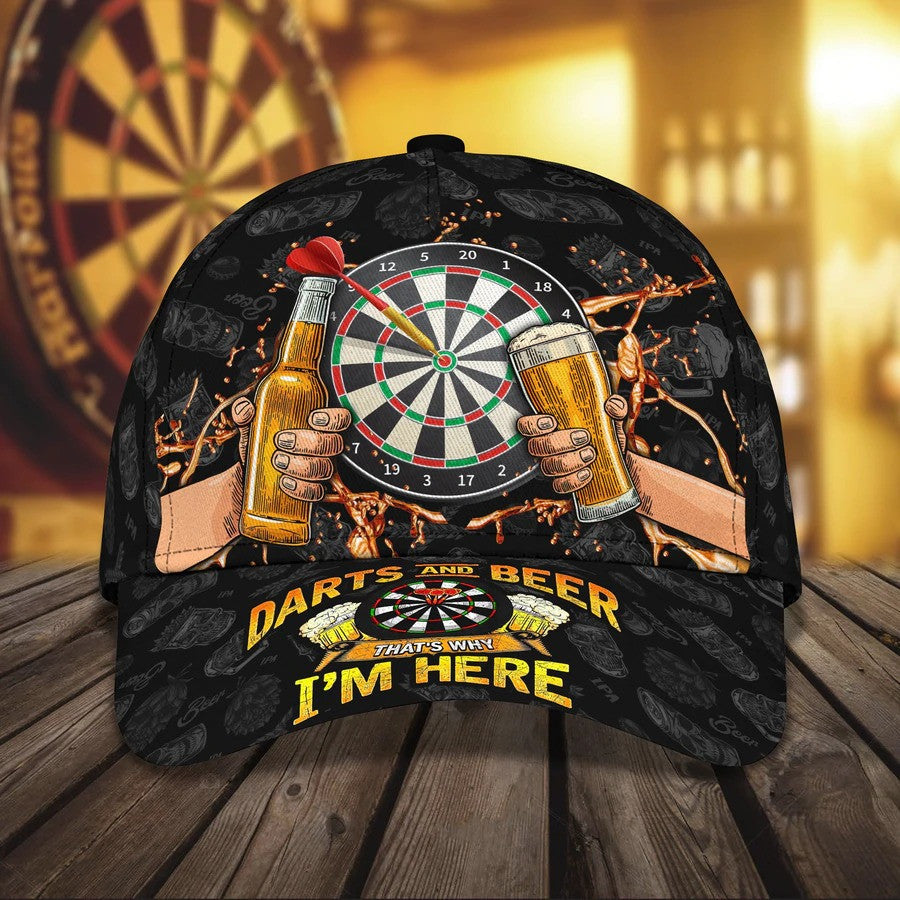Personalized Dart & Beer I''m Here 3D Baseball Cap/ Dart Hat for Man Dart Lovers/ 3D All Over Printed Dart Hat for Husband