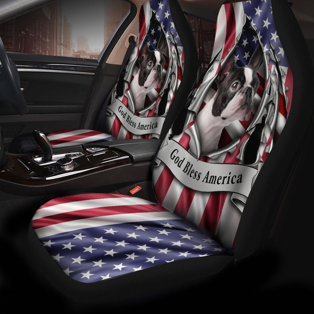 Boston Terrier Dog Inside Flag Gob Bless America Independence Car Seat Covers