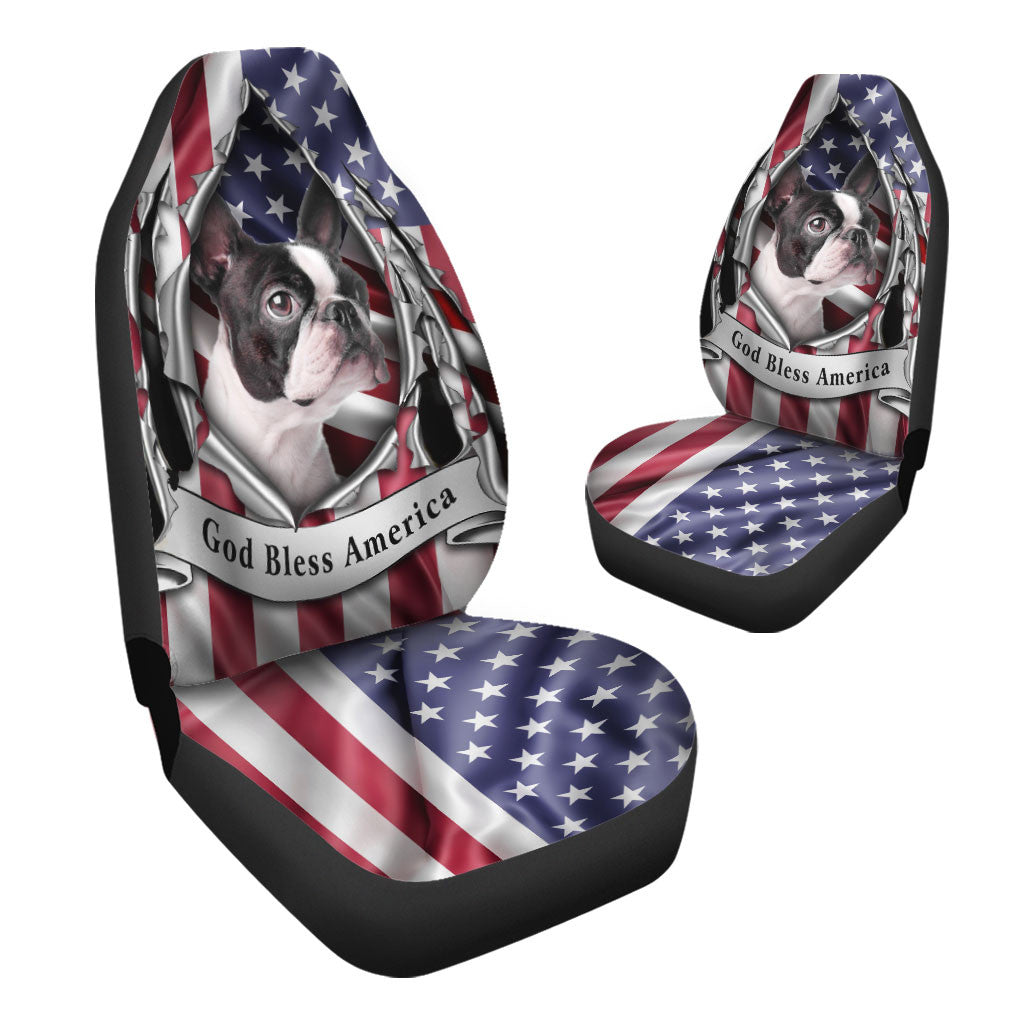 Boston Terrier Dog Inside Flag Gob Bless America Independence Car Seat Covers