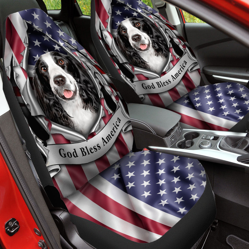 English Springer Spaniel Dog Inside Flag Gob Bless America  Car Seat Covers