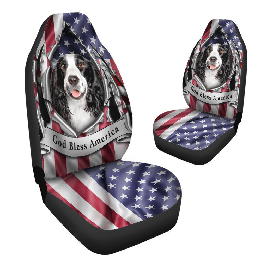 English Springer Spaniel Dog Inside Flag Gob Bless America  Car Seat Covers