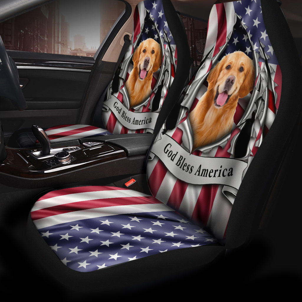 Golden Retriever Dog Inside Flag Gob Bless America  Car Seat Covers