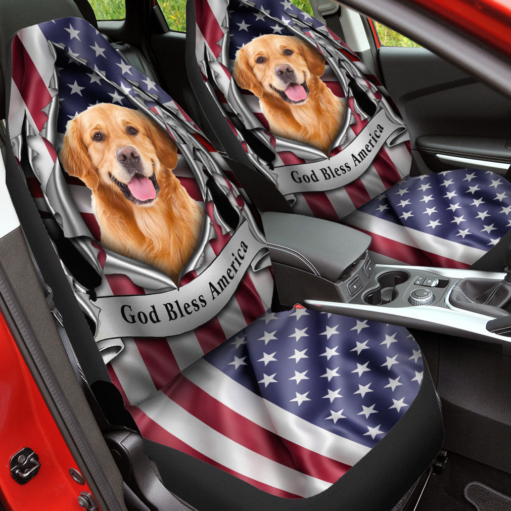 Golden Retriever Dog Inside Flag Gob Bless America  Car Seat Covers
