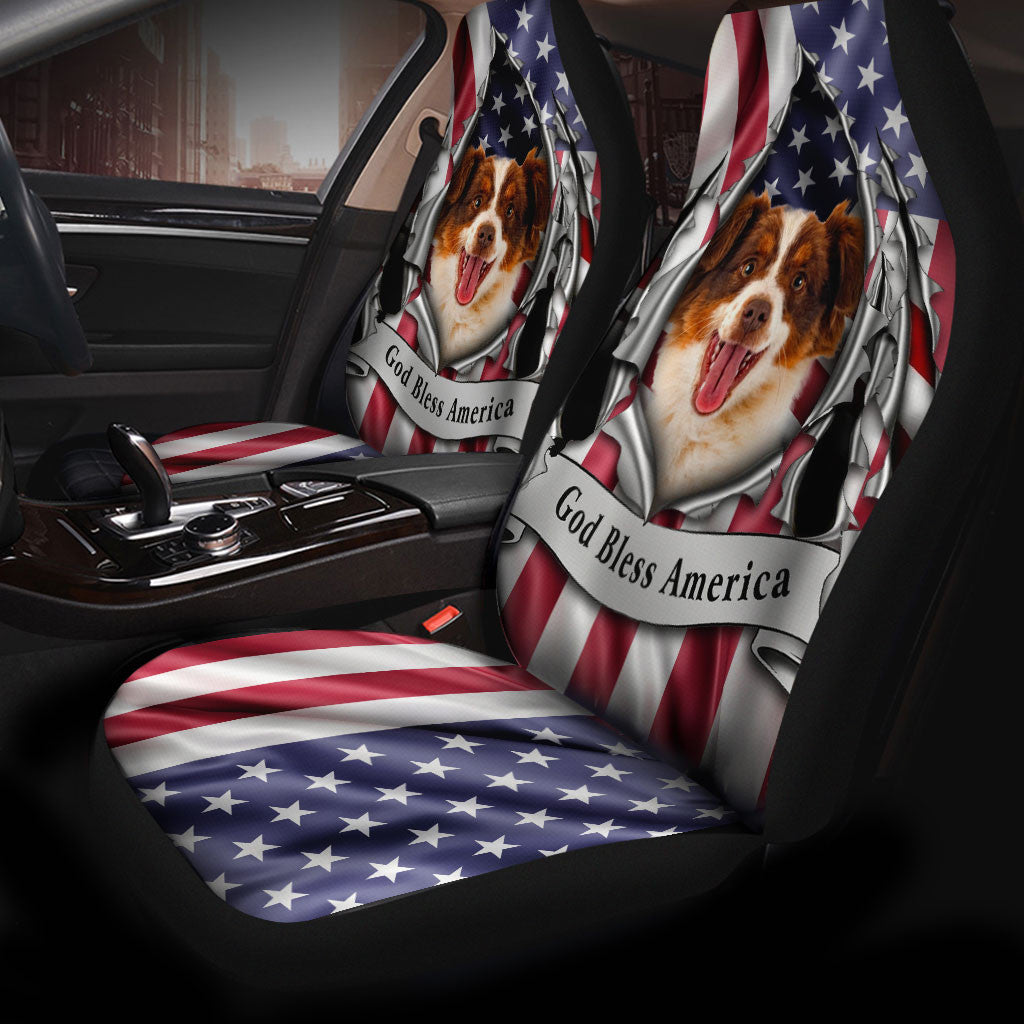 Miniature American Shepherd Dog Inside Flag Gob Bless America  Car Seat Covers