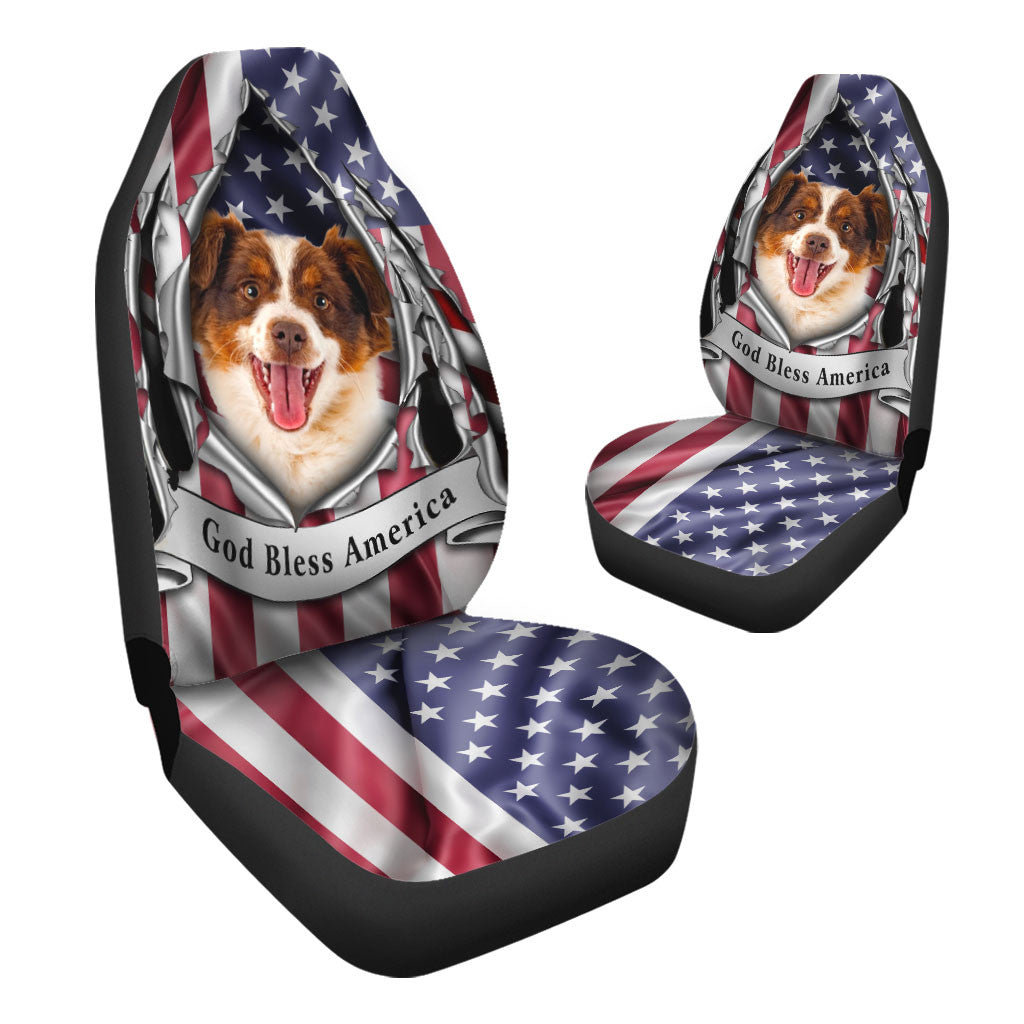Miniature American Shepherd Dog Inside Flag Gob Bless America  Car Seat Covers