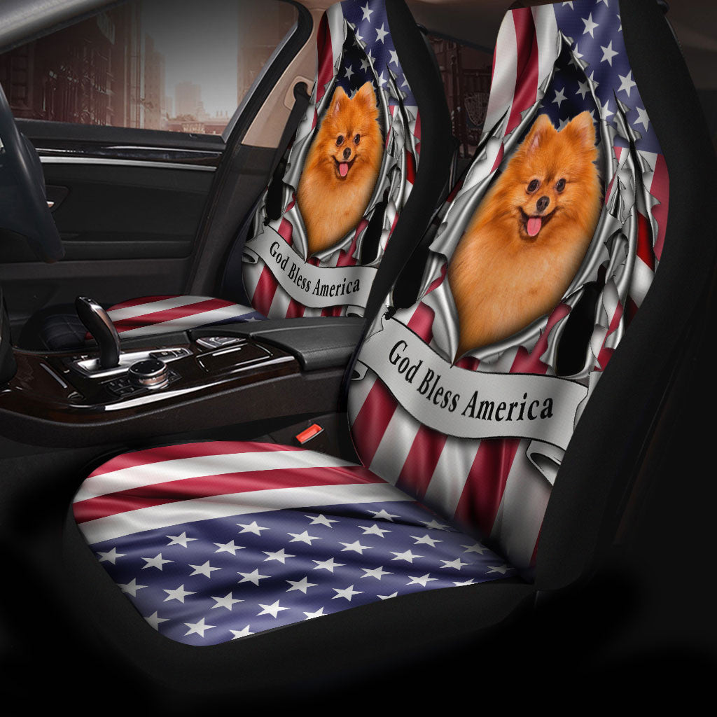 Pomeranian Dog Inside Flag Gob Bless America  Car Seat Covers