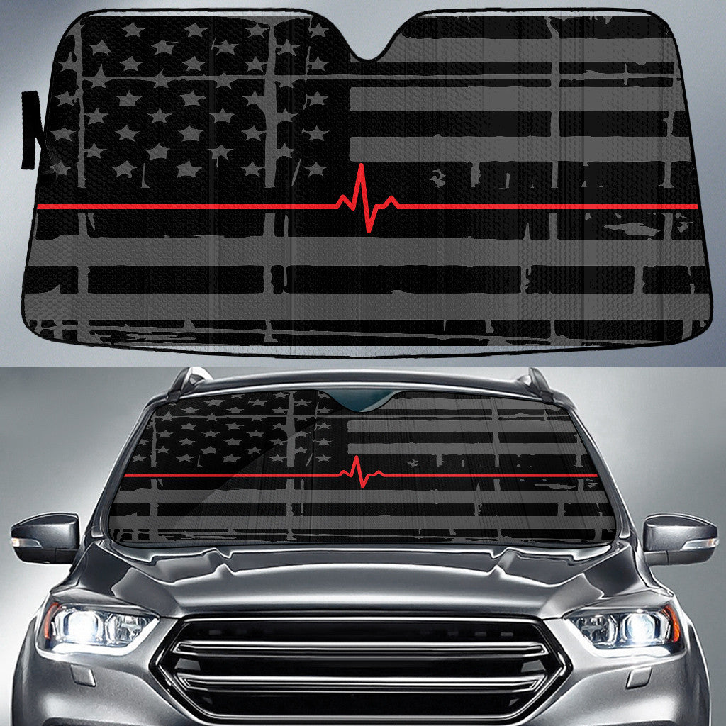 Red Heartbeat Black And Grey American Flag Printed Car Sun Shades Cover Auto Windshield Coolspod