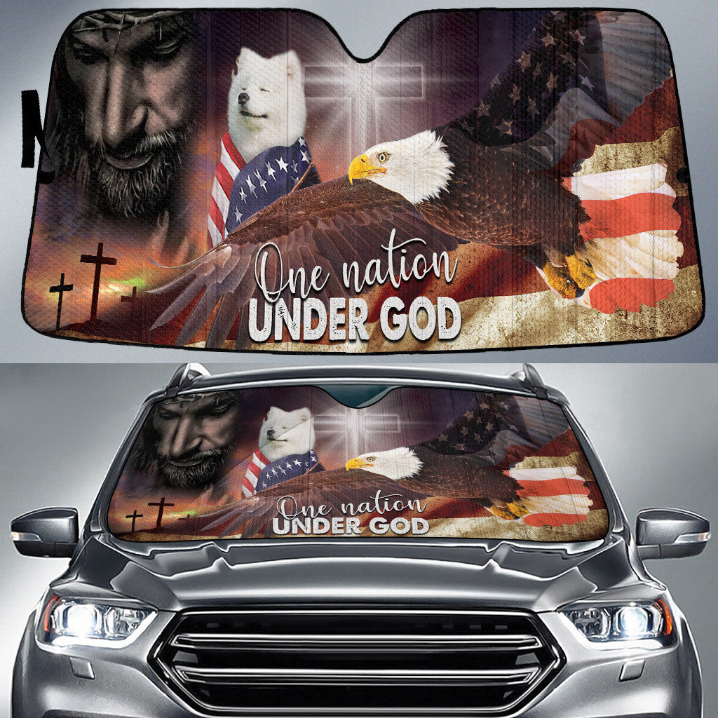 Samoyed Eagle One Nation Under God American Flag Printed Car Sun Shades Cover Auto Windshield Coolspod
