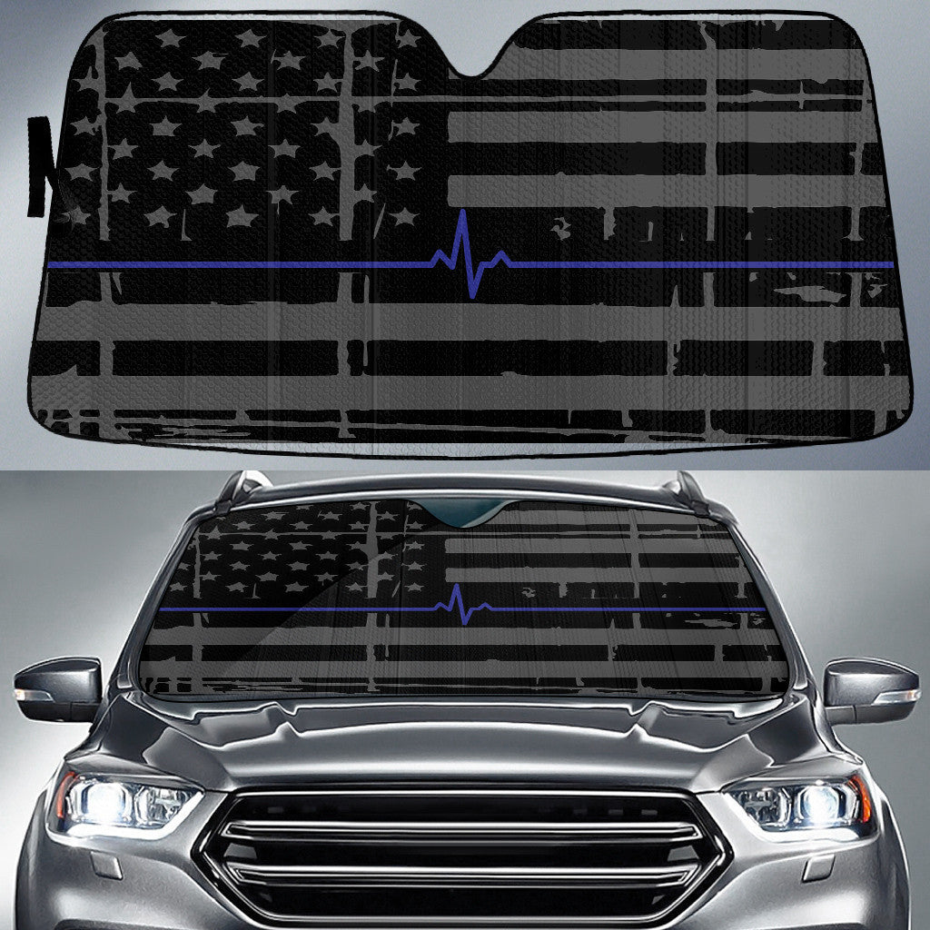 Blue Heartbeat Black And Grey American Flag Printed Car Sun Shades Cover Auto Windshield Coolspod