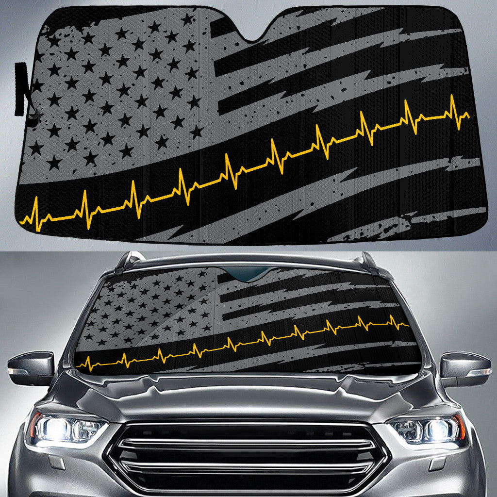 Grey Black American Flag And Yellow Heartbeat Printed Car Sun Shades Cover Auto Windshield Coolspod