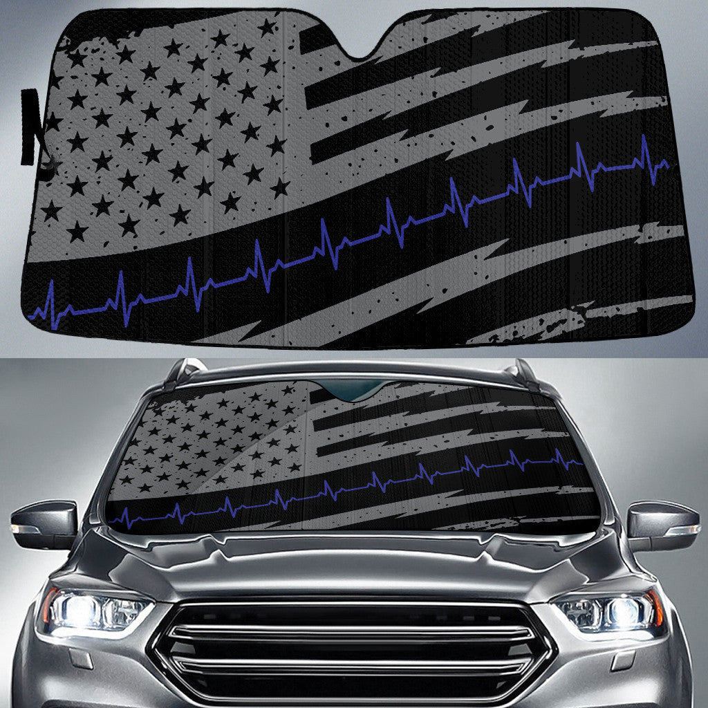 Vintage Grey Black American Flag And Blue Heartbeat Printed Car Sun Shades Cover Auto Windshield Coolspod