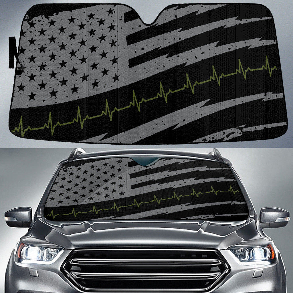 Vintage Grey Black American Flag And Heartbeat Printed Car Sun Shades Cover Auto Windshield Coolspod
