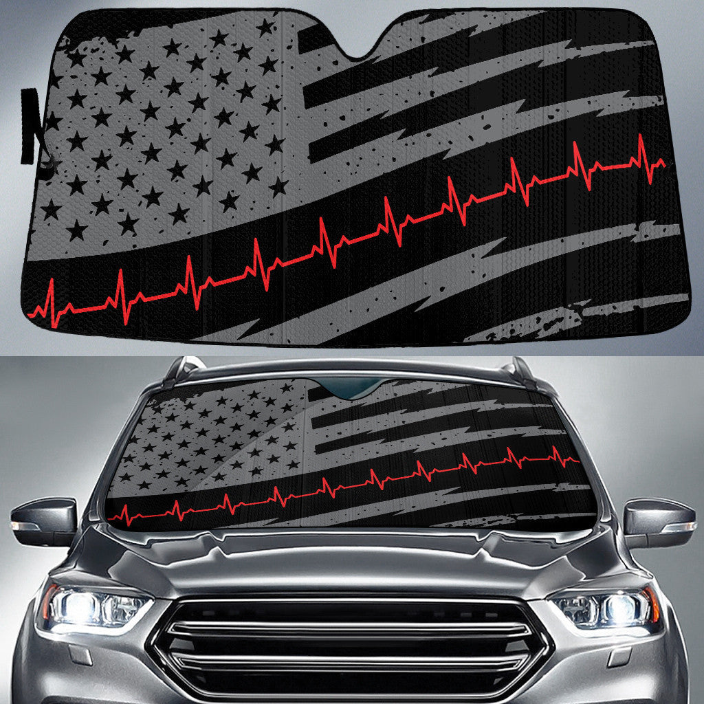 Grey Black American Flag And Red Heartbeat Printed Car Sun Shades Cover Auto Windshield Coolspod