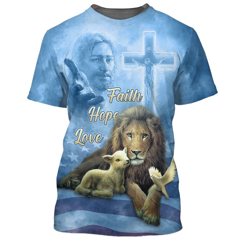 Faith Hope Love Blue T Shirt Men Women Lion Under God Tee Shirts