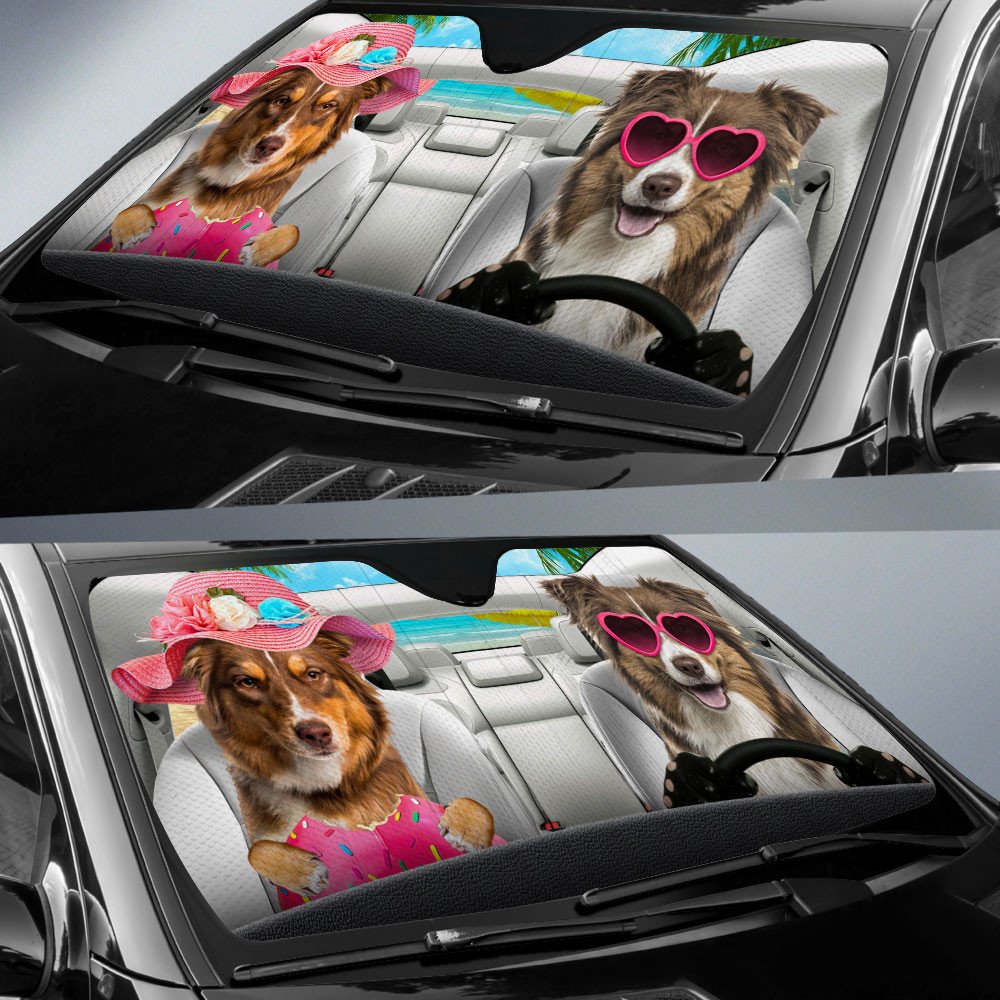 Australian Shepherd-Dog Summer Vacation Couple Car Sun Shade Cover Auto Windshield