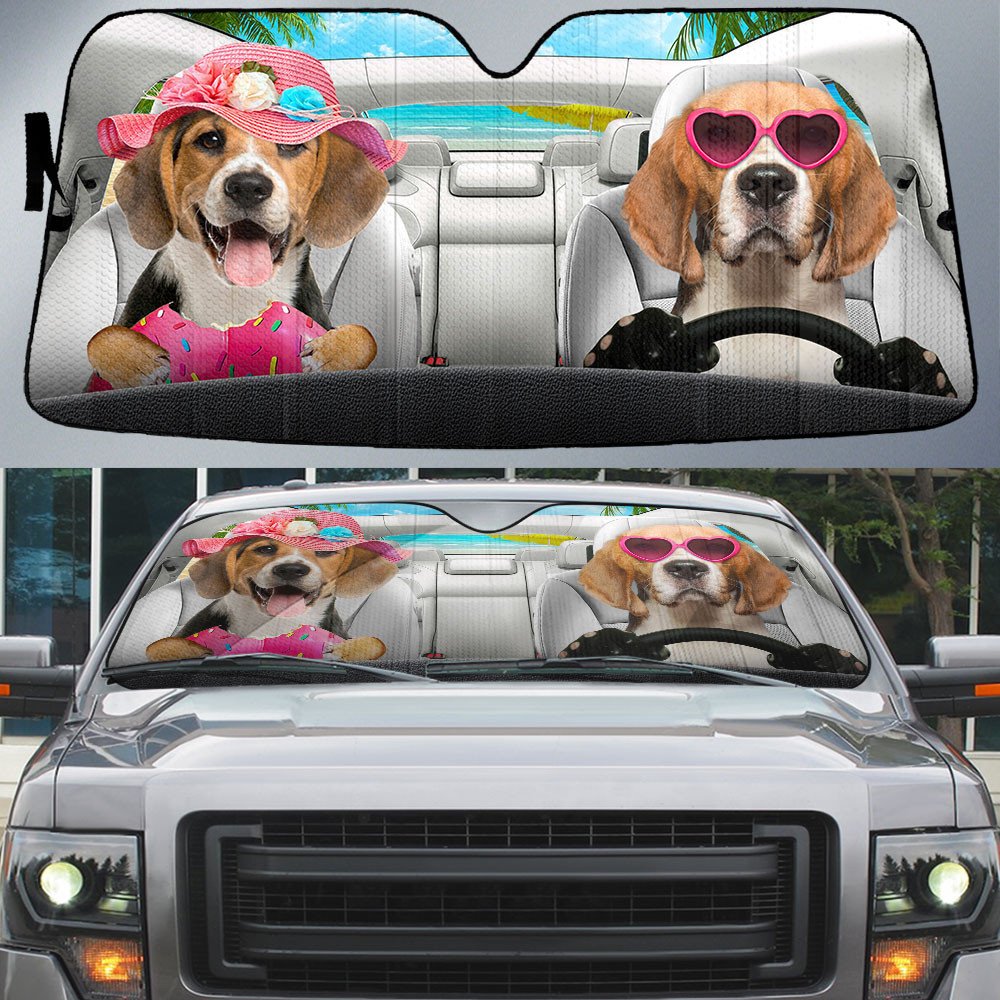Beagle-Dog Summer Vacation Couple Car Sun Shade Cover Auto Windshield
