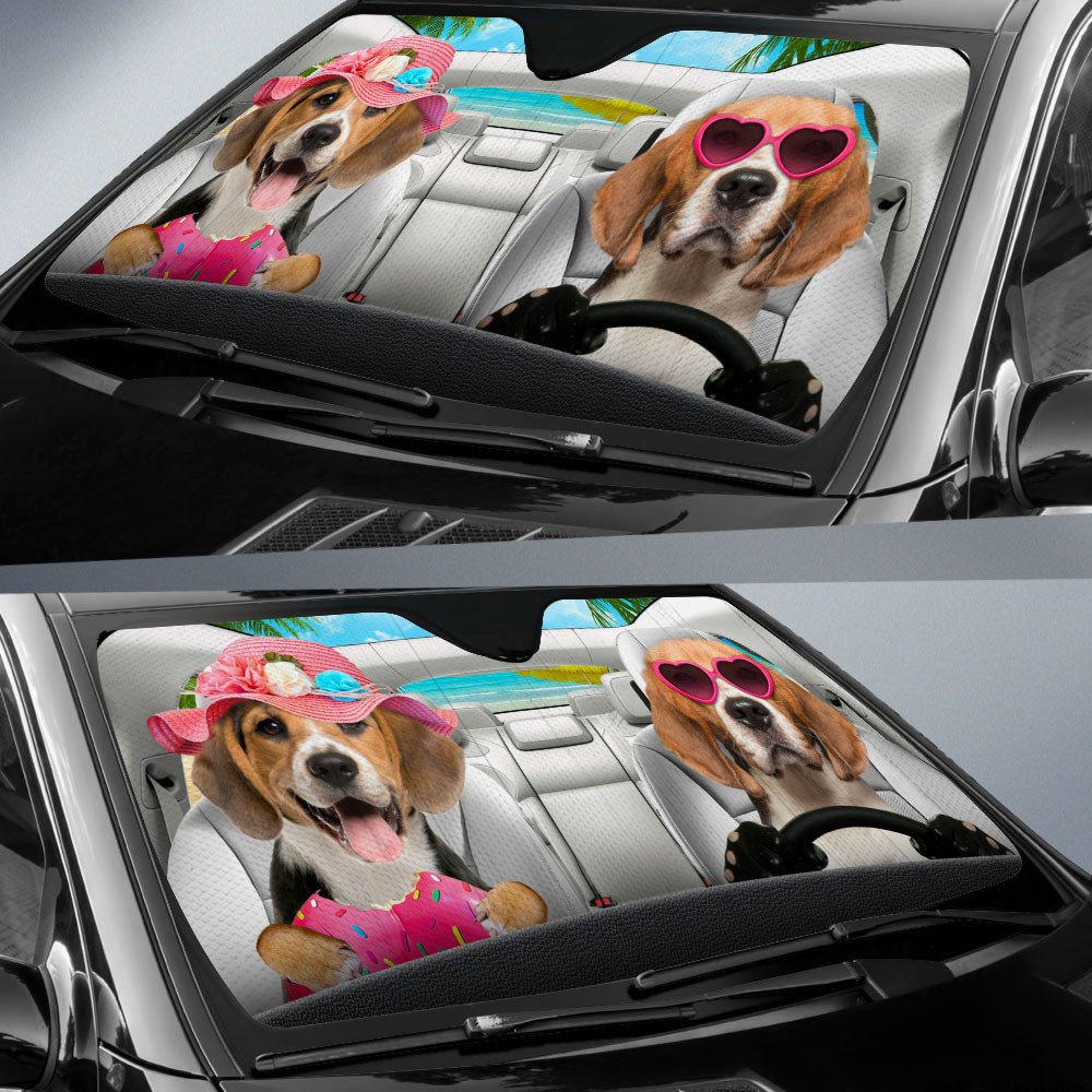 Beagle-Dog Summer Vacation Couple Car Sun Shade Cover Auto Windshield