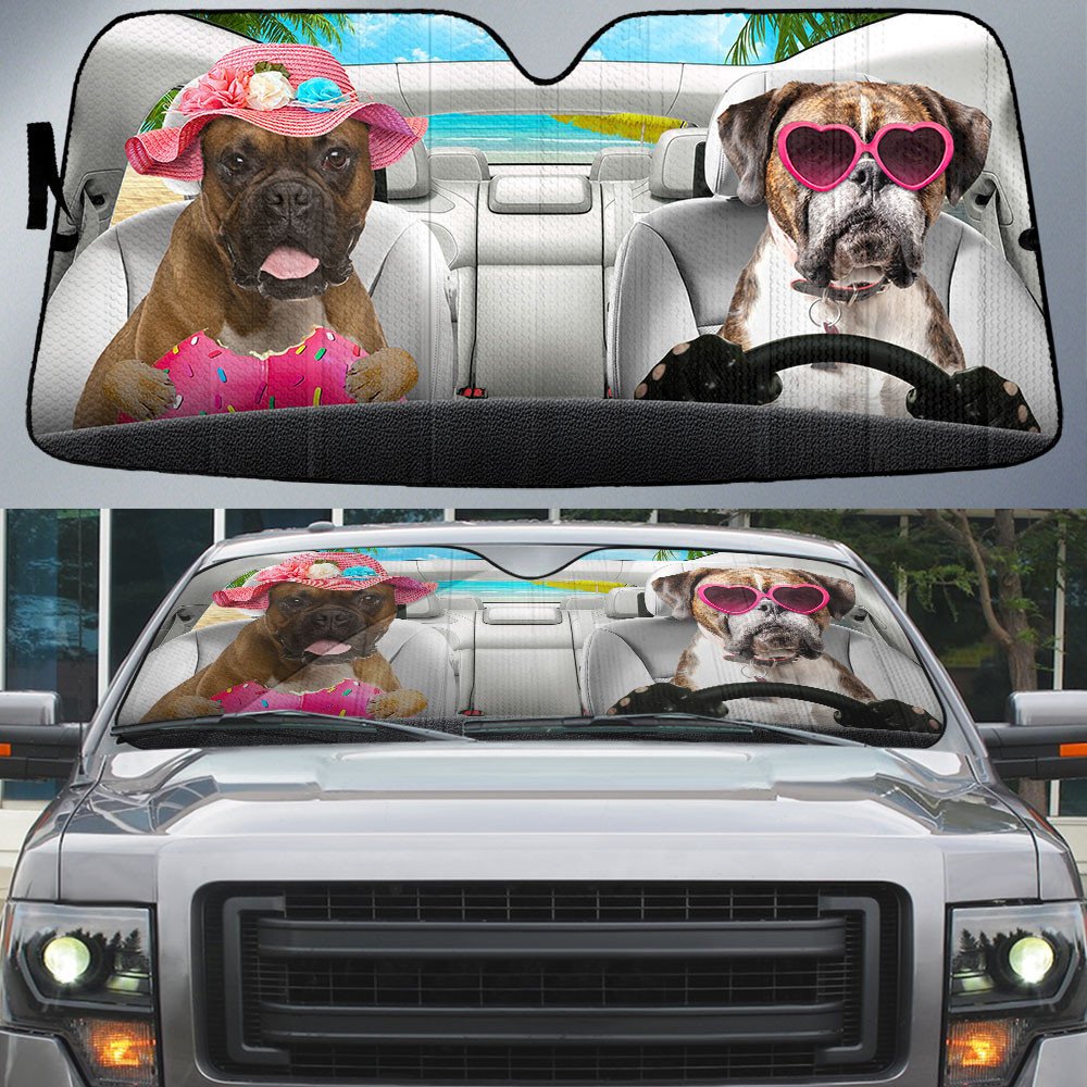 Boxer-Dog Summer Vacation Couple Car Sun Shade Cover Auto Windshield