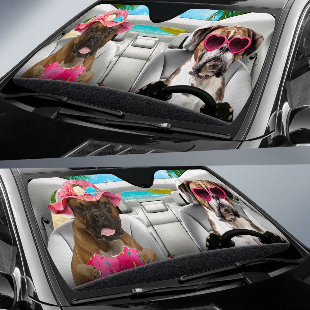 Boxer-Dog Summer Vacation Couple Car Sun Shade Cover Auto Windshield