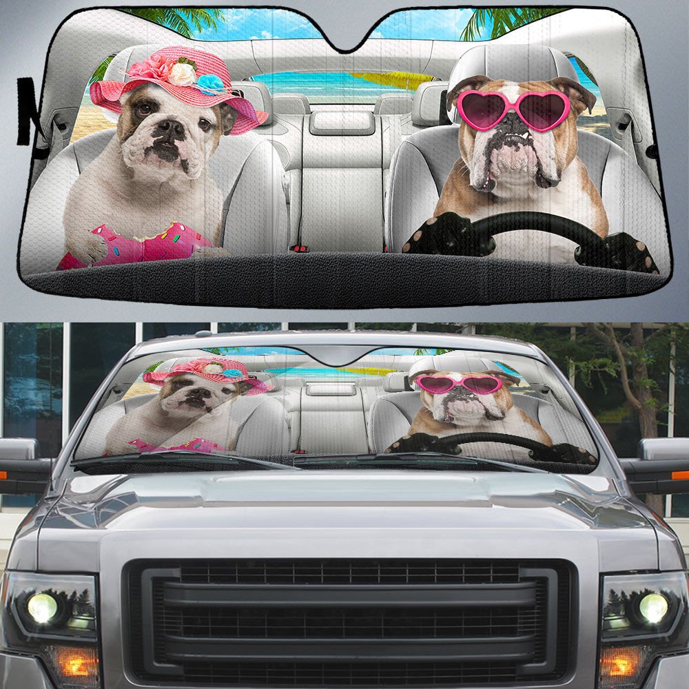 Bulldog-Dog Summer Vacation Couple Car Sun Shade Cover Auto Windshield