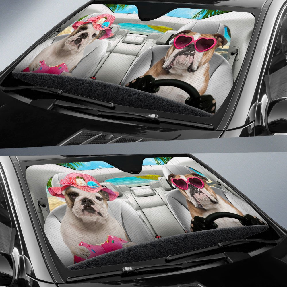 Bulldog-Dog Summer Vacation Couple Car Sun Shade Cover Auto Windshield