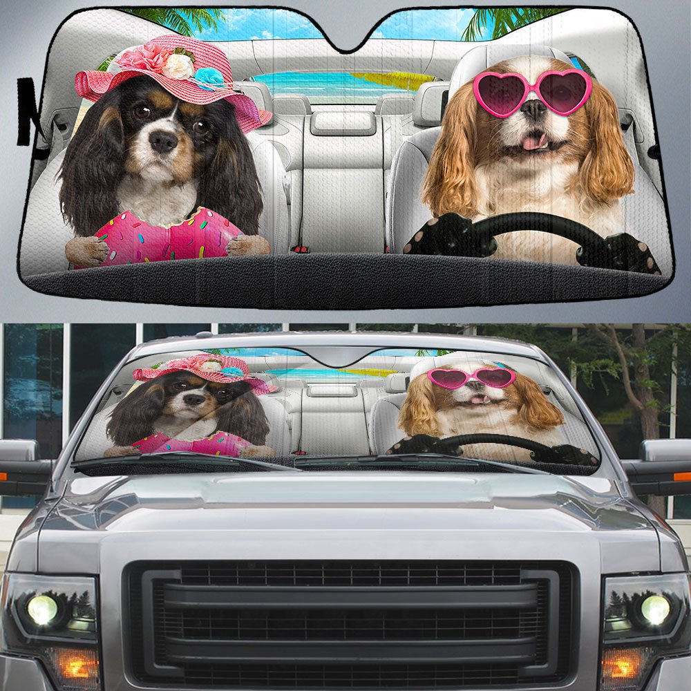 Cavalier King Charles Spaniel-Dog Summer Vacation Couple Car Sun Shade Cover Auto Windshield
