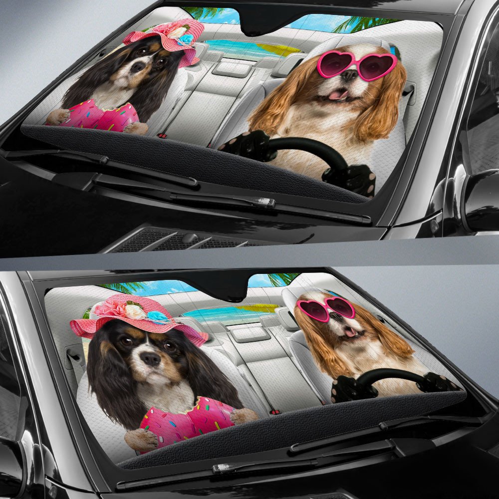 Cavalier King Charles Spaniel-Dog Summer Vacation Couple Car Sun Shade Cover Auto Windshield