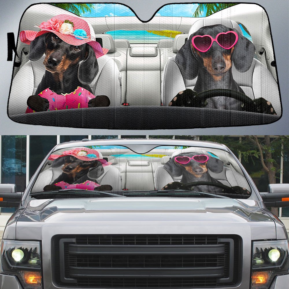Dachshund-Dog Summer Vacation Couple Car Sun Shade Cover Auto Windshield