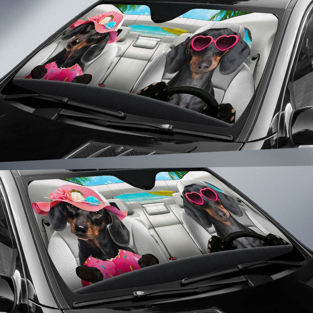 Dachshund-Dog Summer Vacation Couple Car Sun Shade Cover Auto Windshield