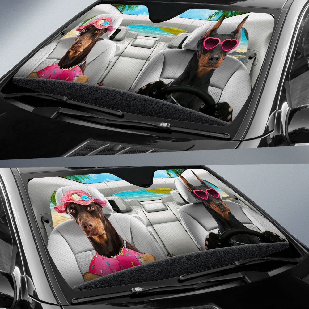 Doberman Pinscher-Dog Summer Vacation Couple Car Sun Shade Cover Auto Windshield