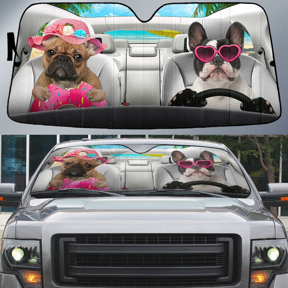 French Bulldog-Dog Summer Vacation Couple Car Sun Shade Cover Auto Windshield