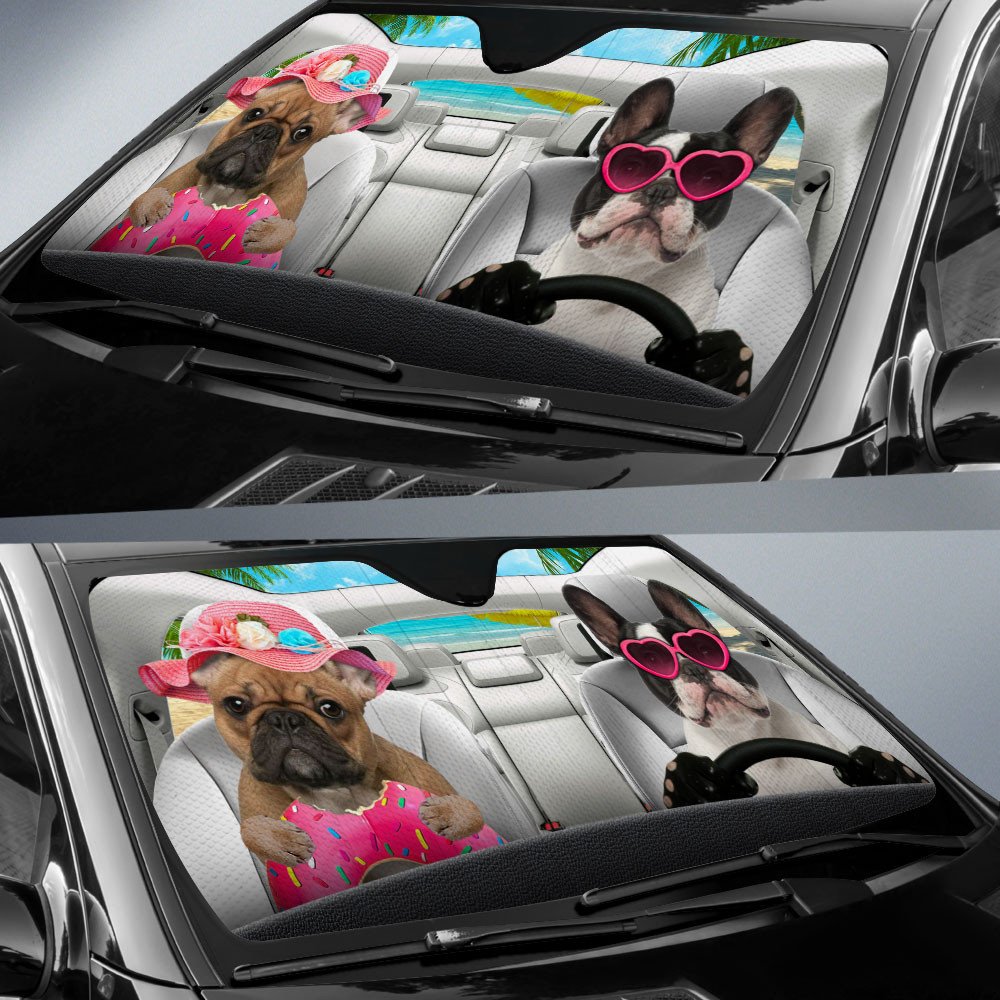 French Bulldog-Dog Summer Vacation Couple Car Sun Shade Cover Auto Windshield