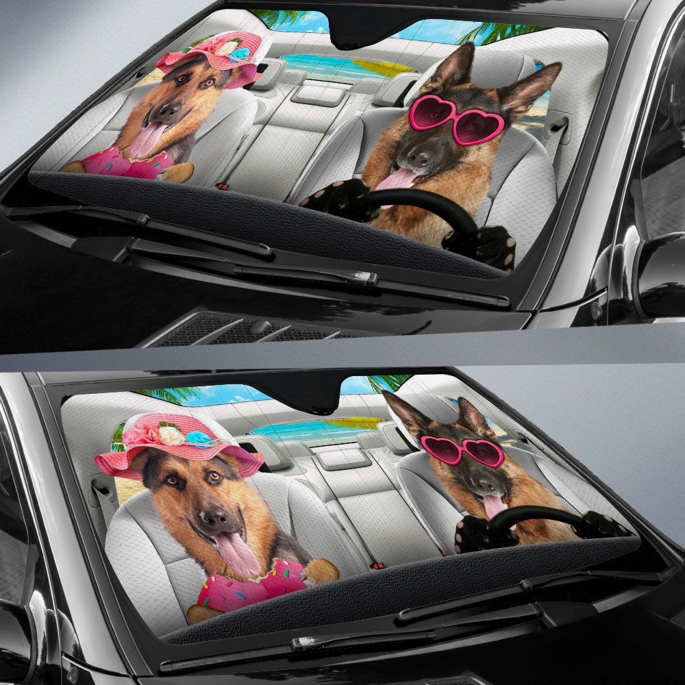 German Shepherd-Dog Summer Vacation Couple Car Sun Shade Cover Auto Windshield