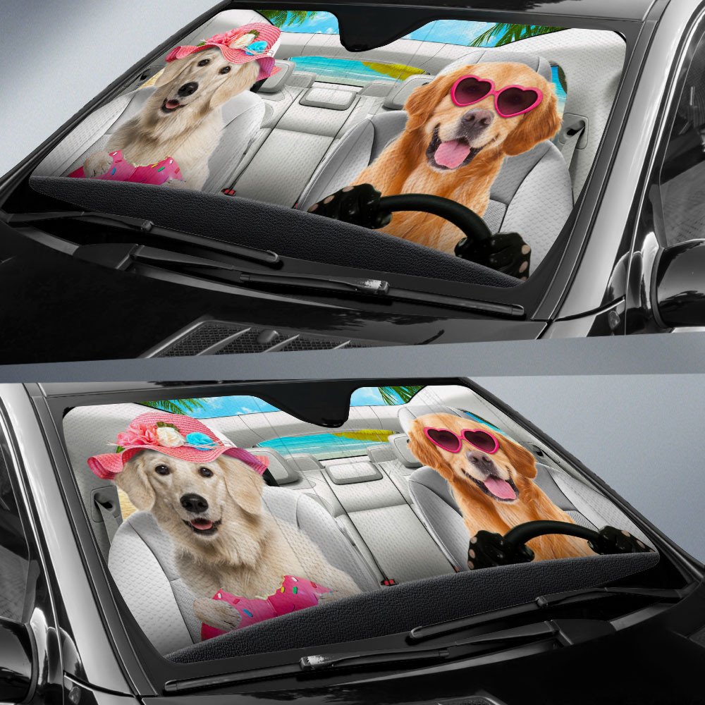 Golden Retriever-Dog Summer Vacation Couple Car Sun Shade Cover Auto Windshield