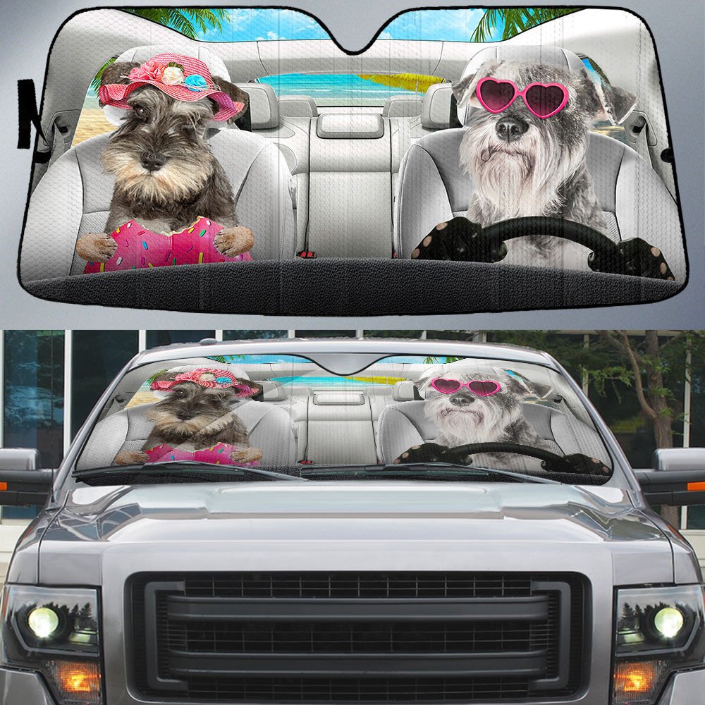 Miniature Schnauzer-Dog Summer Vacation Couple Car Sun Shade Cover Auto Windshield