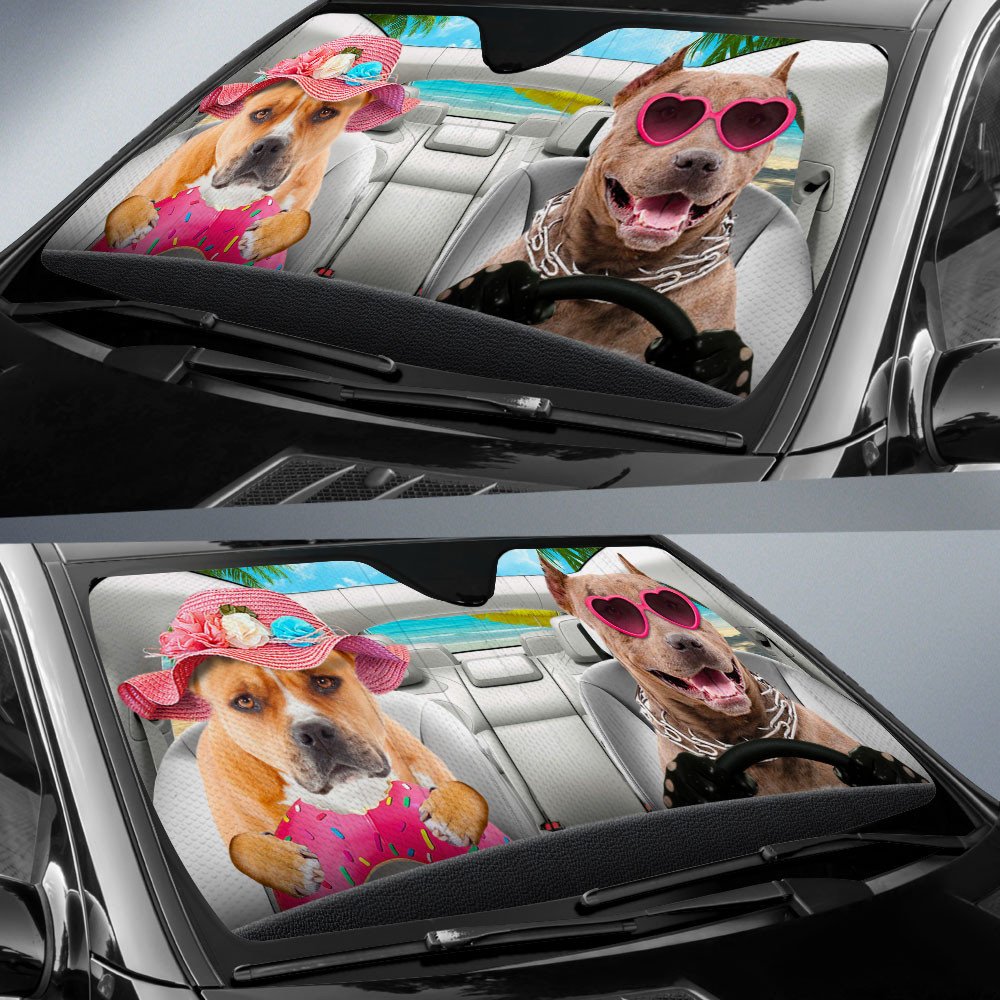 Pitbull-Dog Summer Vacation Couple Car Sun Shade Cover Auto Windshield