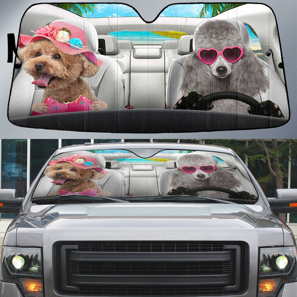 Poodle-Dog Summer Vacation Couple Car Sun Shade Cover Auto Windshield