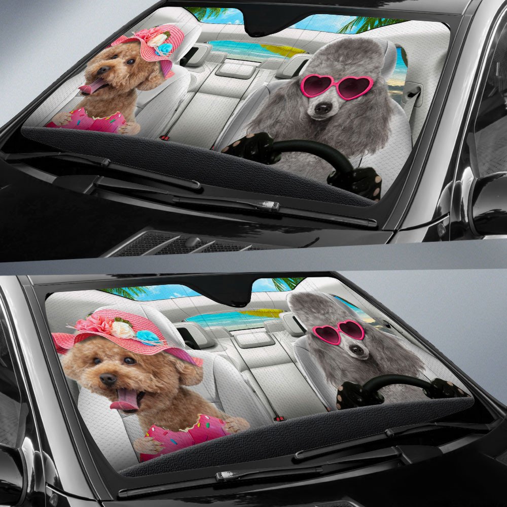 Poodle-Dog Summer Vacation Couple Car Sun Shade Cover Auto Windshield
