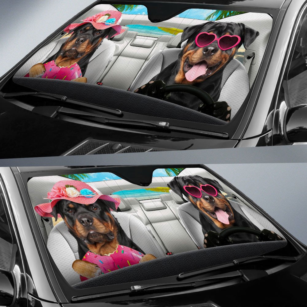 Rottweiler-Dog Summer Vacation Couple Car Sun Shade Cover Auto Windshield