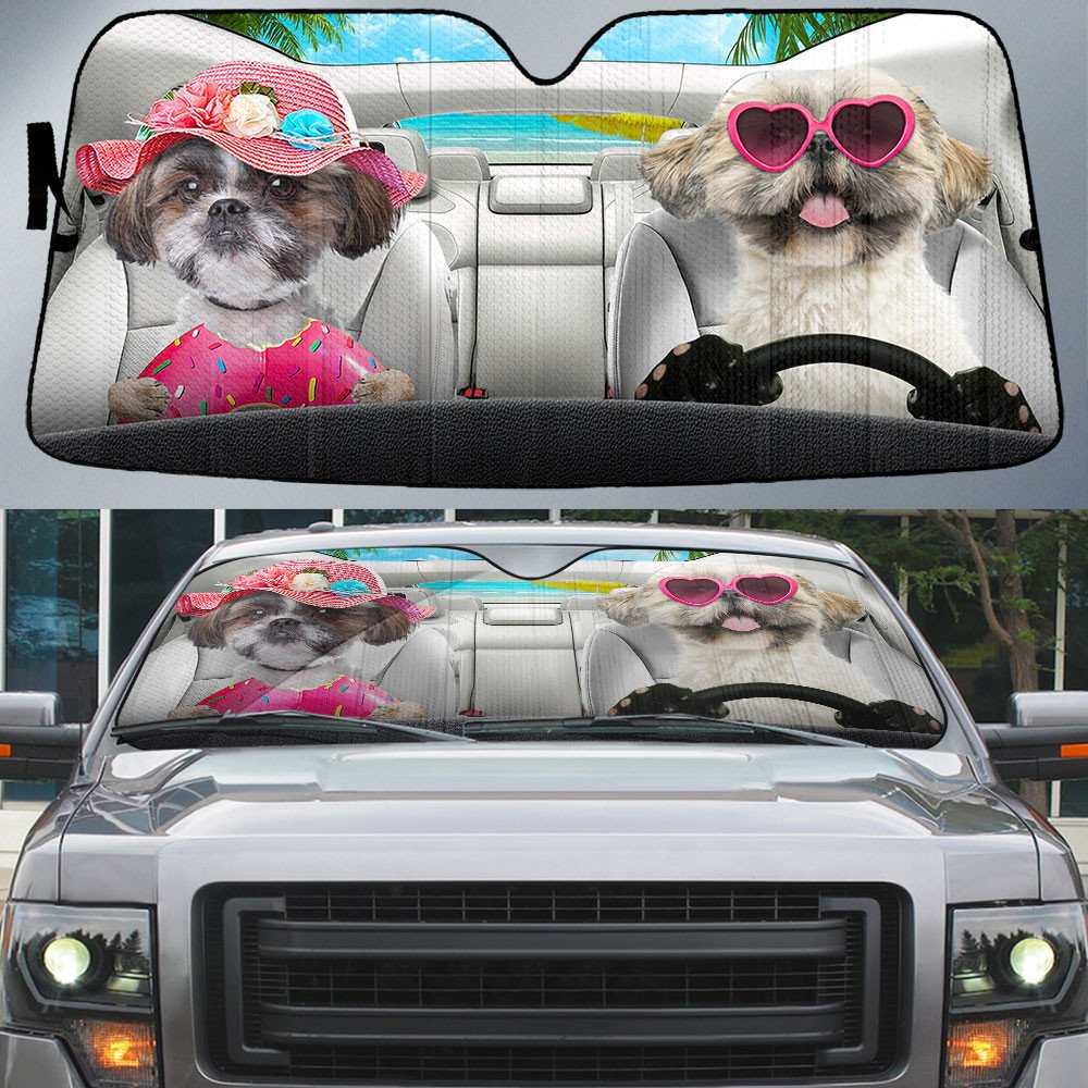 Shih Tzu-Dog Summer Vacation Couple Car Sun Shade Cover Auto Windshield
