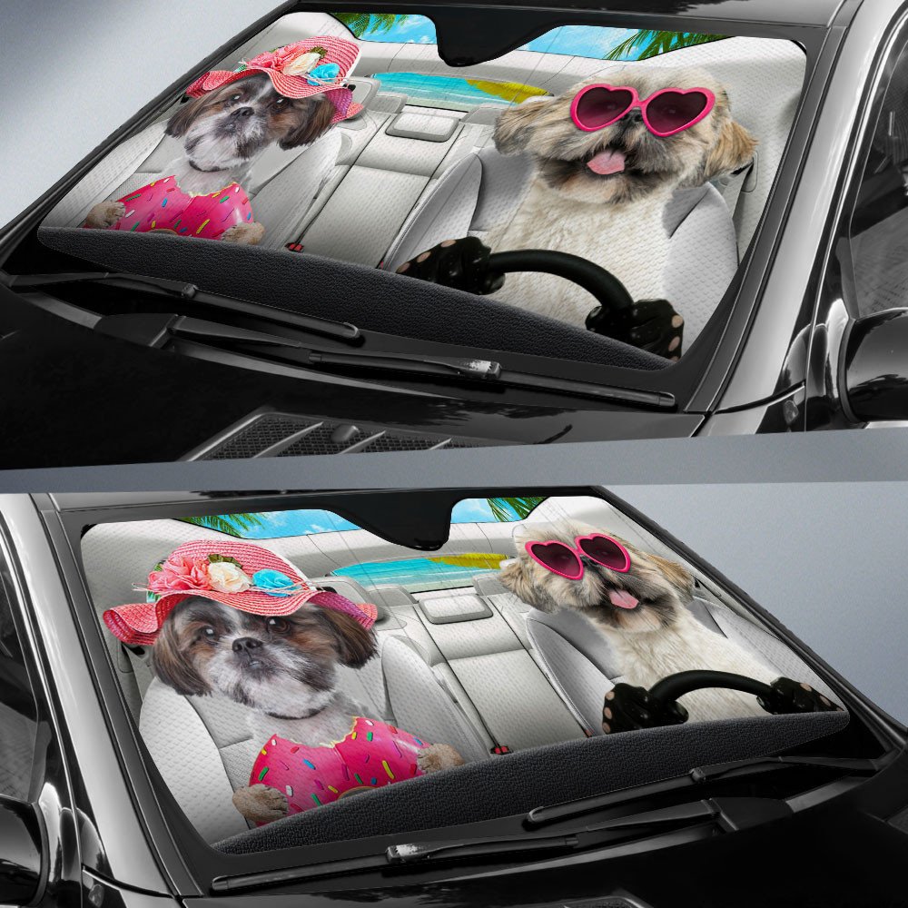 Shih Tzu-Dog Summer Vacation Couple Car Sun Shade Cover Auto Windshield