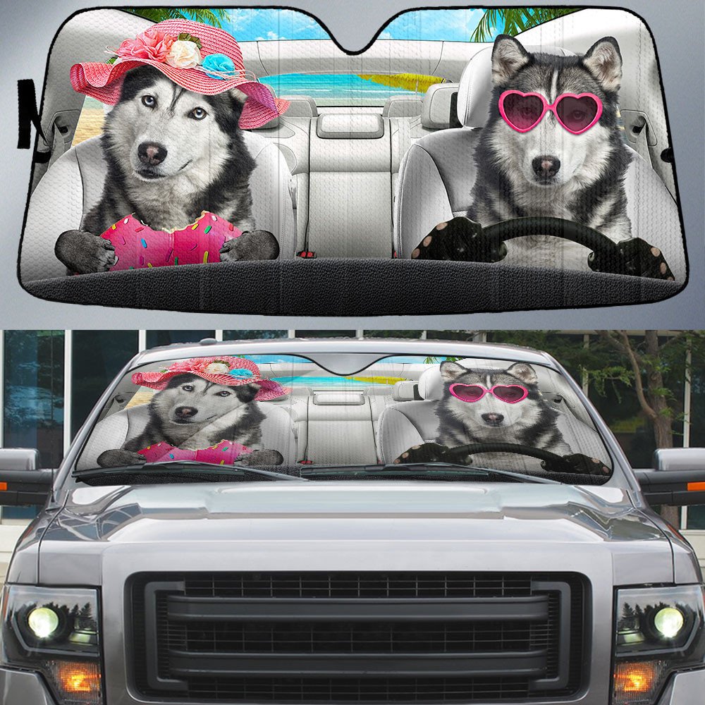Siberian Husky-Dog Summer Vacation Couple Car Sun Shade Cover Auto Windshield